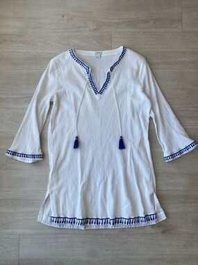 J.Crew White Cotton Tunic Top Size Medium Tassel Tie Boho Cover Up Blue EUC